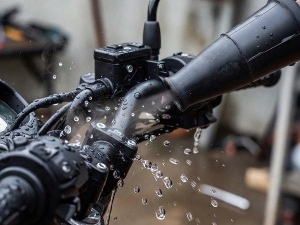 Close-up of a rubber-tipped warm air blower nozzle chasing water drops out of motorcycle handlebar switchgear