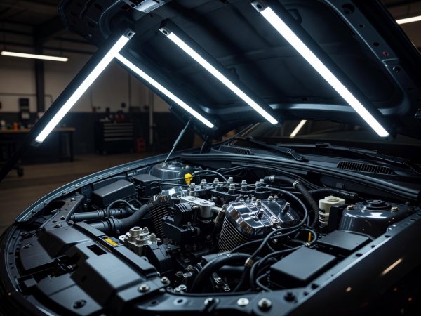 Close-up of angled LED batten lights illuminating a motorcycle engine bay without harsh shadows