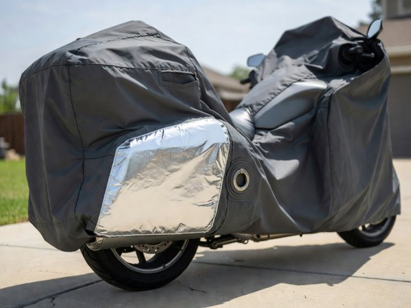 Heavy-duty outdoor motorcycle cover showing aluminized heat shield fabric near the exhaust and reinforced lock grommet