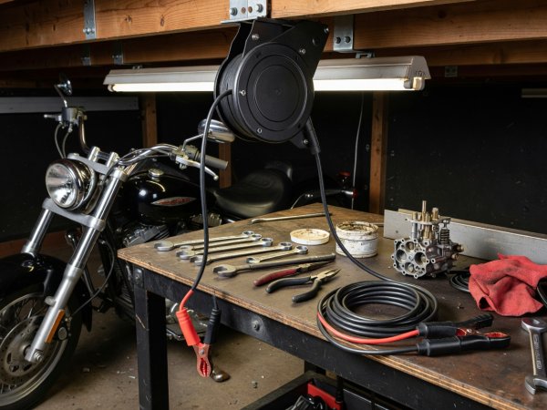 Heavy-duty overhead retractable power reel and fused battery maintainer lead above a motorcycle workbench
