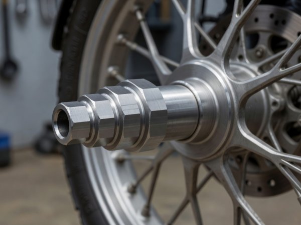 Machined chromoly stepped hex spindle tool inserted into a hollow motorcycle front wheel axle
